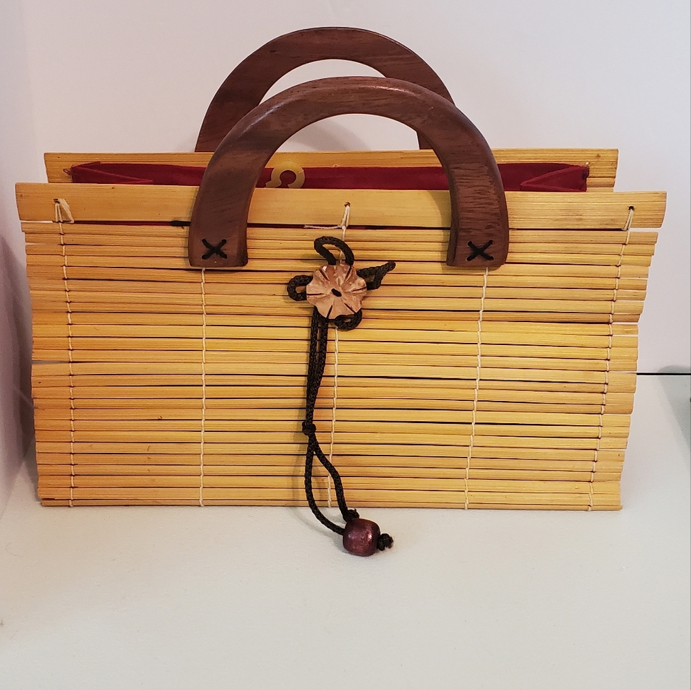 Vintage Collapsible Wood Slatted Purse Handbag 6.75"x11.75"